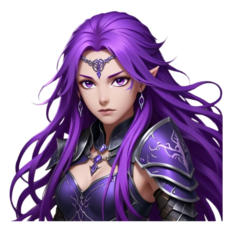 A mysterious warrior girl with long, flowing purple hair cascading down her back, strands catching the dim light like silk. Her piercing violet eyes glow beneath her furrowed brow, sharp with determination and wisdom beyond her years. She wears sleek black armor, a perfect fusion of elegance and lethality, adorned with intricate silver engravings resembling ancient runes. A dark cape billows behind her, torn at the edges from countless battles. sticker