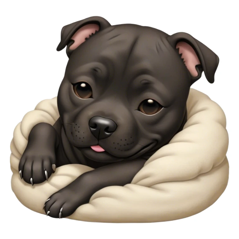 Meme-Worthy Cute Sleeping Black/Brindle Staffordshire Bull Terrier Portrait Emoji, Head resting peacefully with a contented smile, showcasing a delightfully compact build and a luxuriously soft Fur with an attractive black and brindle blend, eyes shut in a serene nap, Simplified yet hilariously adorable features, highly detailed, glowing with a soft, drowsy light, high shine, relaxed and utterly lovable, stylized with an air of playful laziness, bright and heartwarming, soft glowing outline, capturing the essence of a comically sleepy guardian, so meme-worthy it feels like it could instantly become the next viral sensation of adorable slumber! sticker