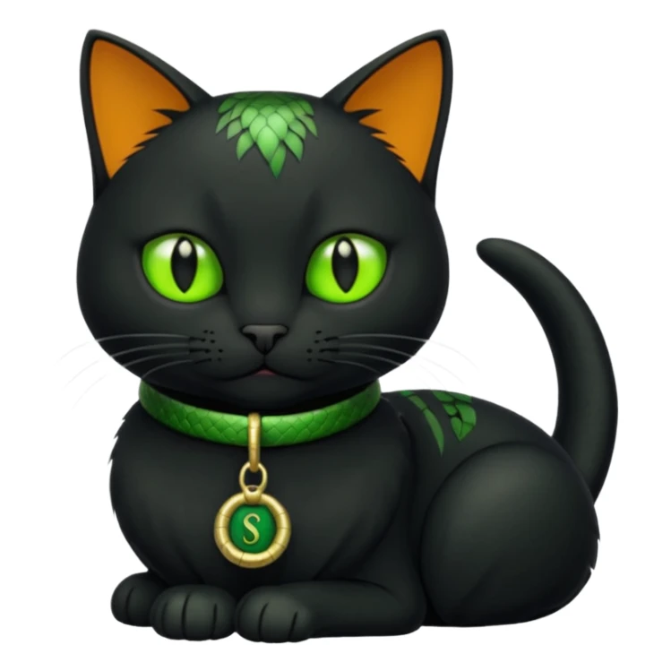 A black cat wearing a green collar with a snake tag  sticker