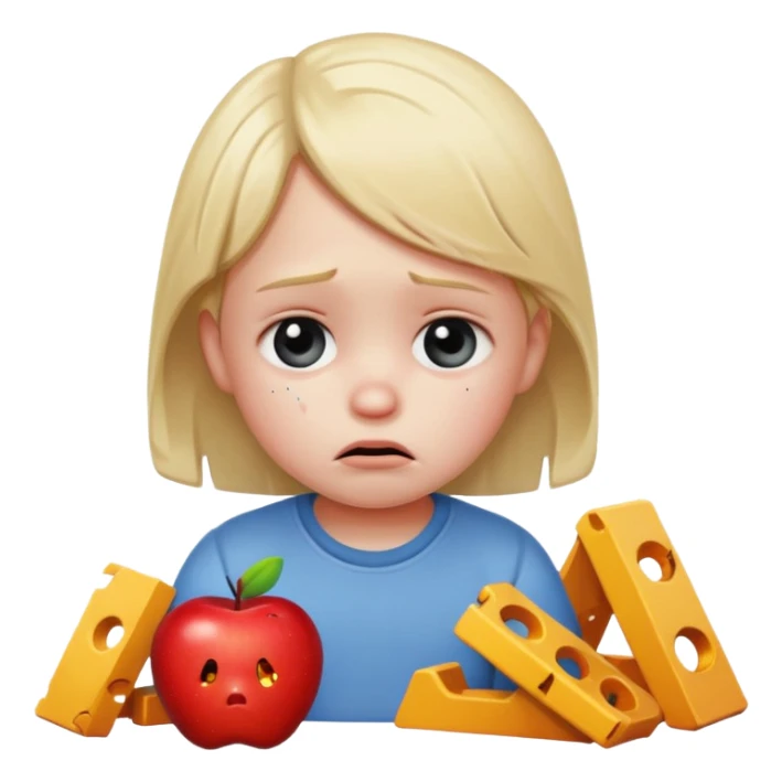 sad small child with pieces of a broken construction set, apple style emoji sticker