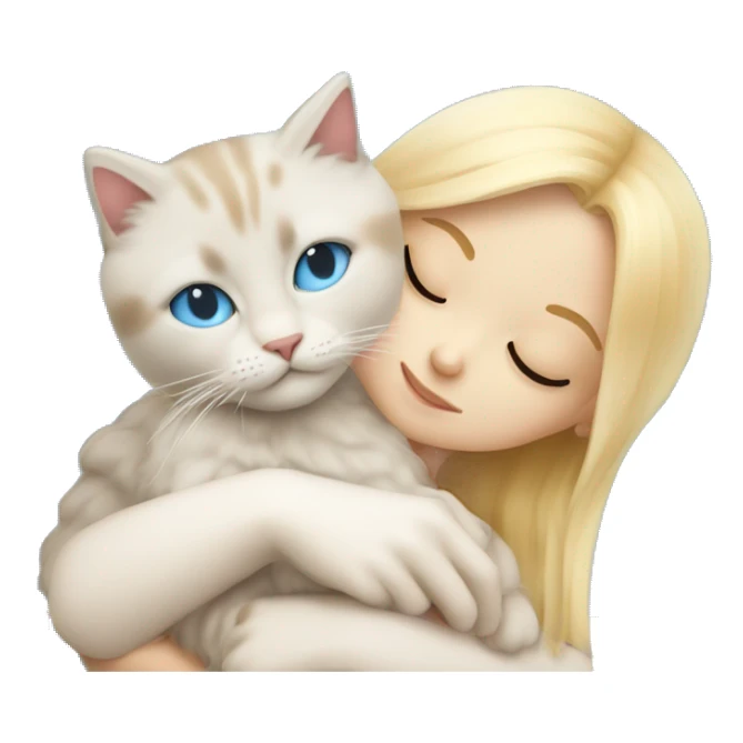 Young blonde beautiful sleeping girl hug ragdoll cat with blue eyes  sticker