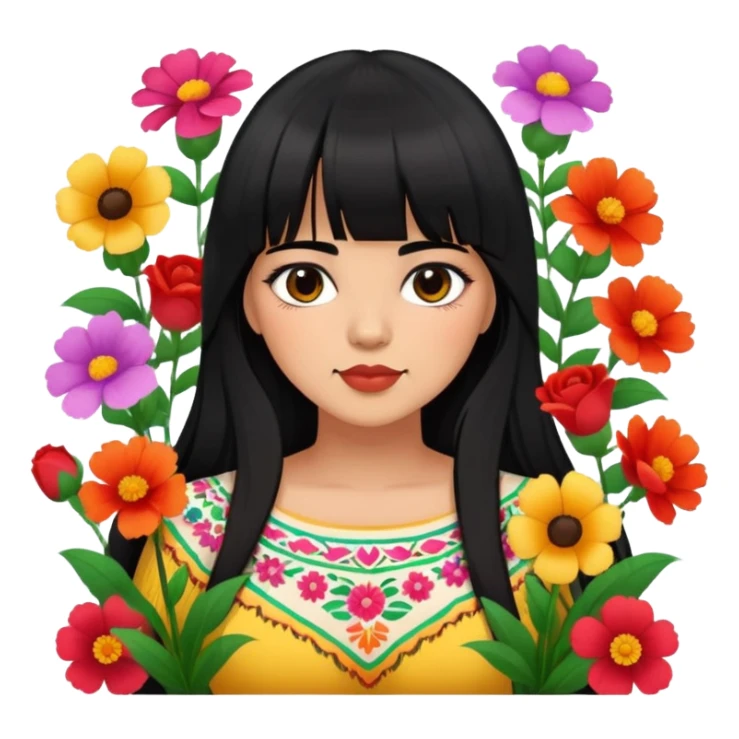 Mexican girl with bangs black long hair plus size with flowers sticker