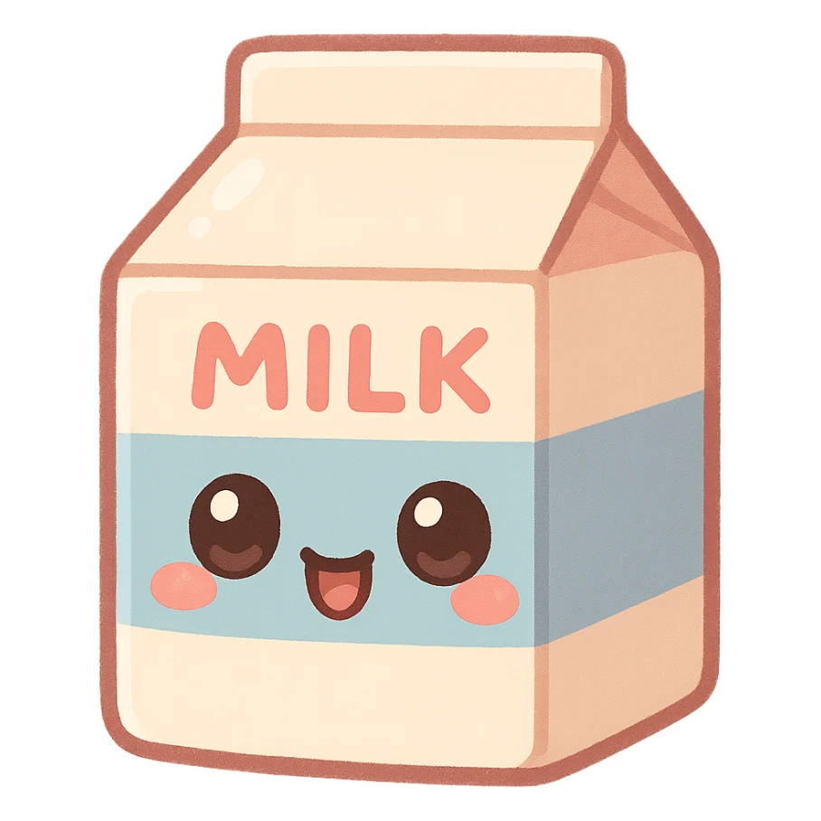chibi sticker-style milk carton with a smiling face, cute and exaggerated sticker