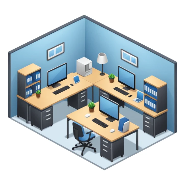 an office with several desks in an isometric style sticker