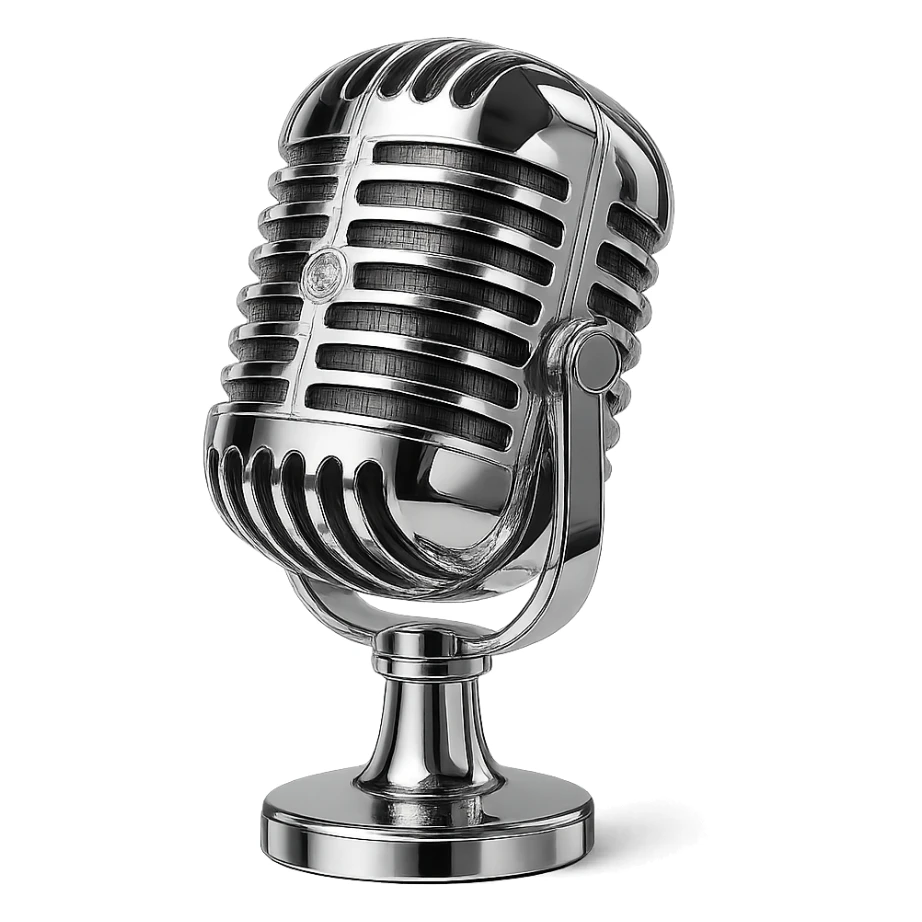 chrome style microphone, highly reflective and metallic, polished finish sticker