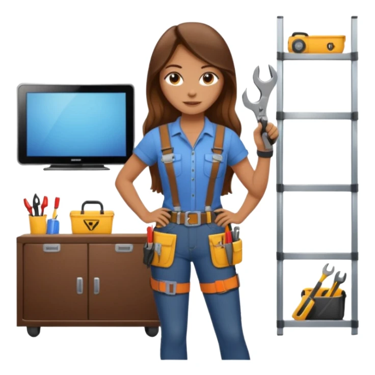 beautiful girl with long brown hair constructing new lounge room area with flat screen tv and couch sticker