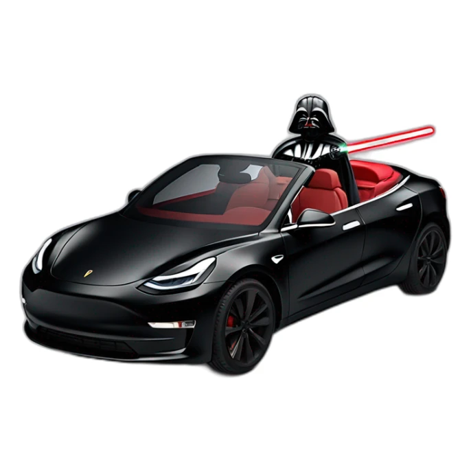 Darth Vader with red lightsaber on driving inside a open top black Tesla Model 3, front view sticker