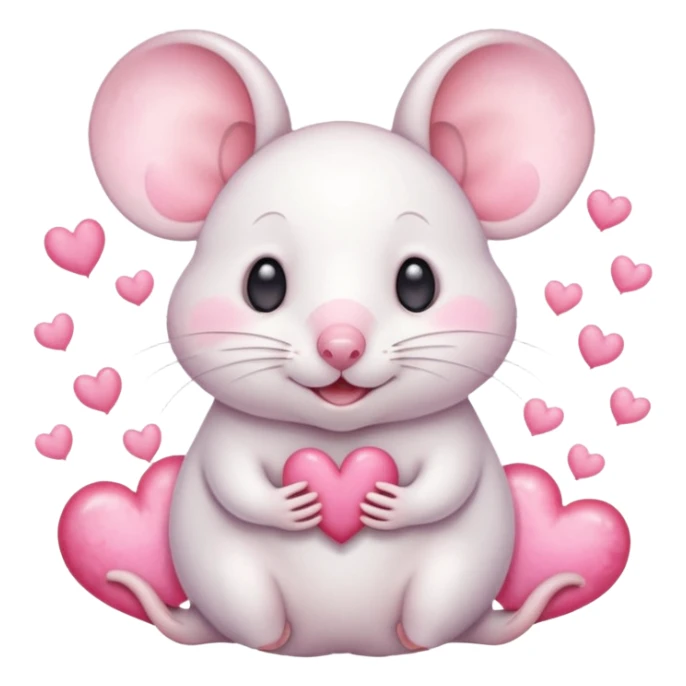This is a cute watercolor illustration of a small, white cartoon mouse with large, round, pink-lined ears. The mouse has heart-shaped eyes, a small open mouth, and is surrounded by floating pink hearts, conveying a feeling of love, adoration, or strong affection. sticker