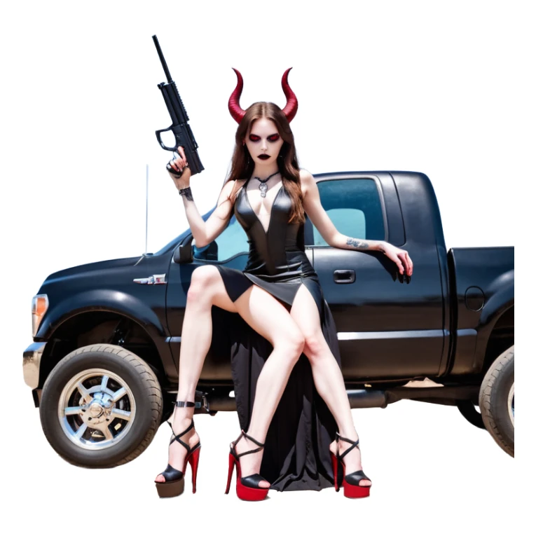 Lilith model red eye sexy black  devil horns.  long brown haired sexy succubus woman with leather long dress slit, sitting on big Large F350 pickup truck. Black Platform high heels on feet. Tattoo sleeve arms, dead human skull of her ex skull is on top of stack of cash and a gun in  hand sticker