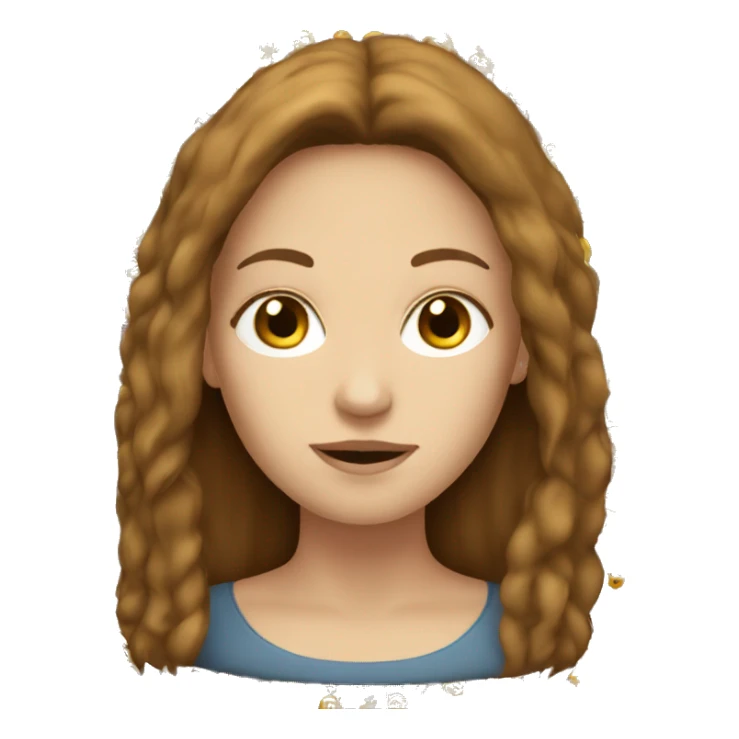 White woman with long brown hair reading sticker