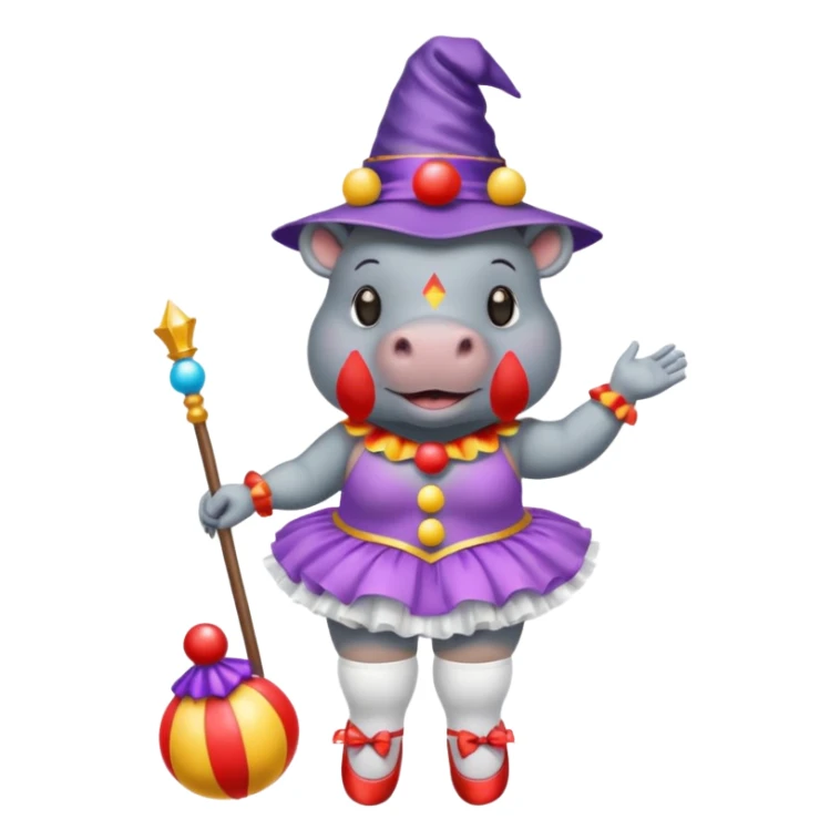 Hippo with a clown nose, a wizard hat, a ballerina tutu, a bikini, sandels and white socks  sticker