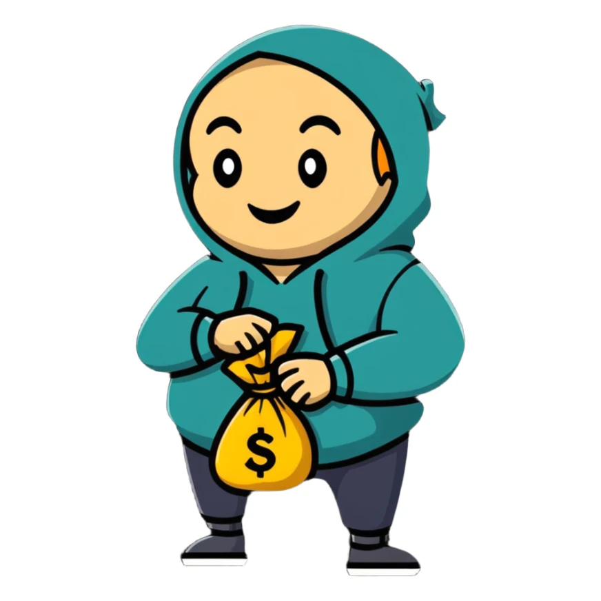 happy thief with a money bag and a big grin sticker