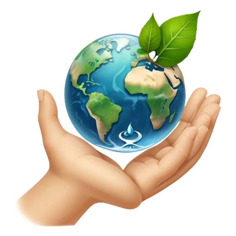 An icon featuring a green leaf, Earth held in hands, and a recycling symbol, symbolizing ecology. The design includes trees, clean water, and animals, representing environmental protection, sustainability, and ecosystems. Transparent background highlights the science of nature and conservation. sticker
