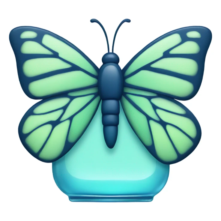  pastel green butterfly resting on an elegant blue perfume bottle with fork dark blue details. sticker
