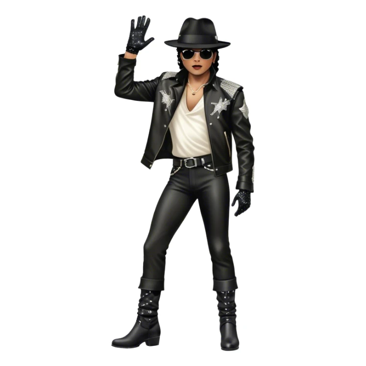 Icon for R&B Music: Michael Jackson on stage in full body, wearing his iconic concert costume—black leather jacket, sequined glove, fedora, and boots. He strikes a powerful pose, embodying the energy of R&B music. Transparent background. sticker