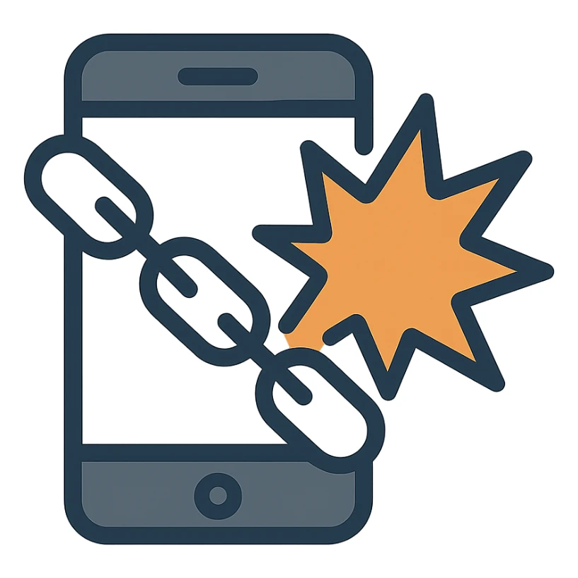 a modern, clear icon showing a mobile phone with a chain and explosion effect merged into a single icon sticker