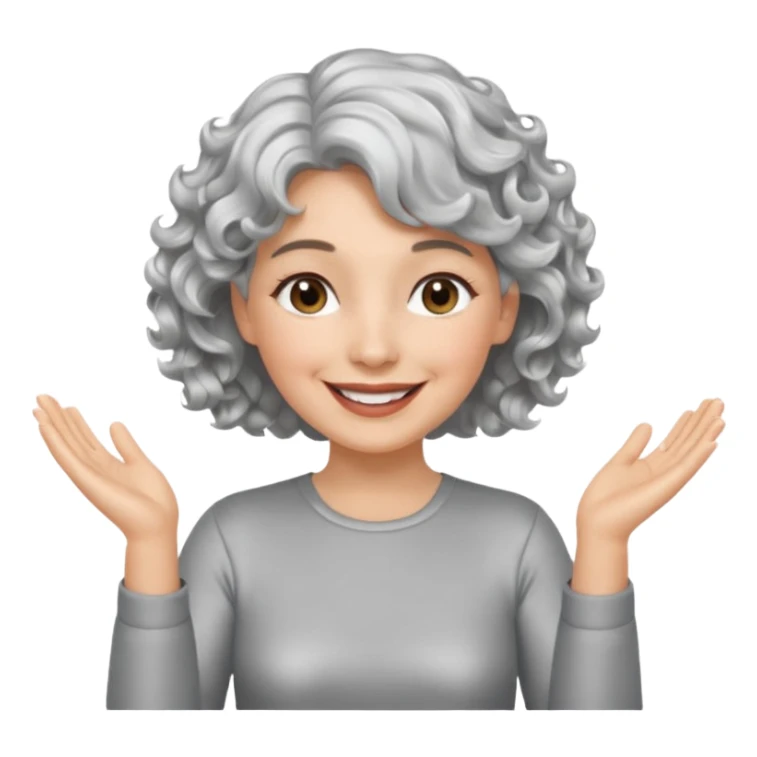 silver, short, wavy-haired with curls, smiling/happy pretty lady, silver top, clapping hands

 sticker