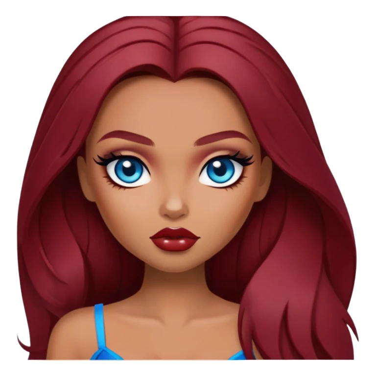 bratz baddie, dark red hair, long hair, blue eyes, makeup sticker