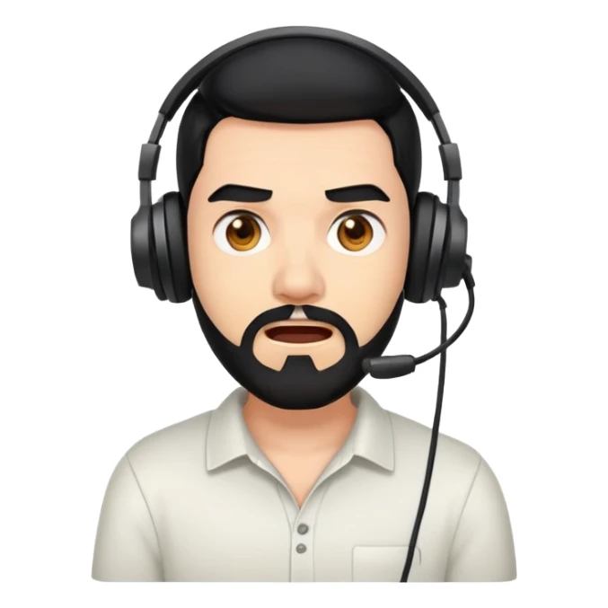 Shocked man with black hair, brown eyes, black beard wearing a gaming headset sticker