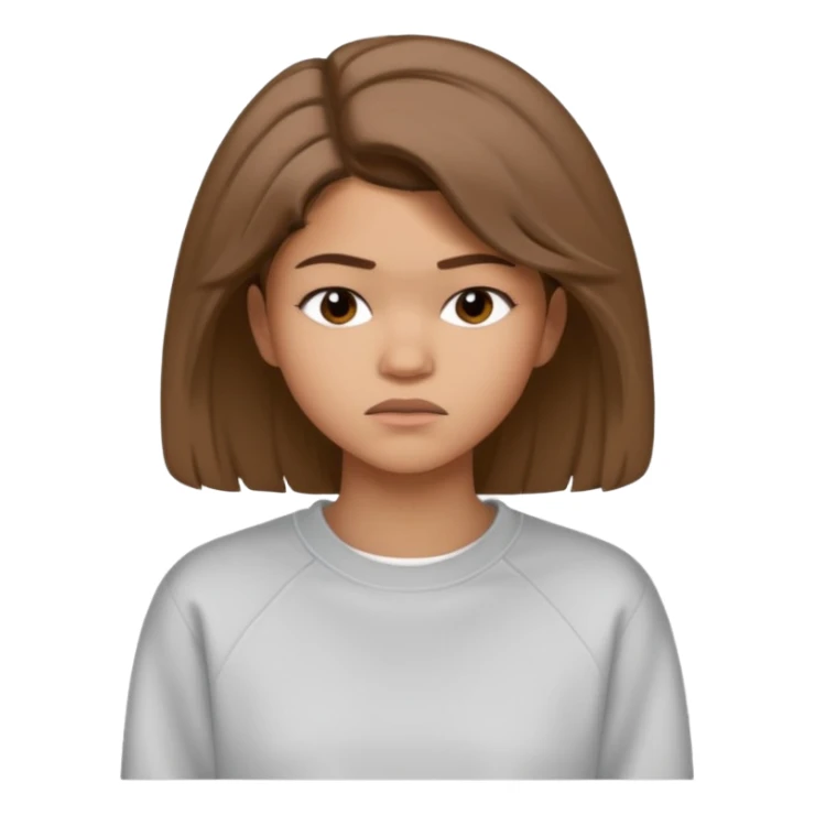 Zendaya upset in a plain white sweatshirt, unhappy face, hair till shoulders combed to the right side sticker