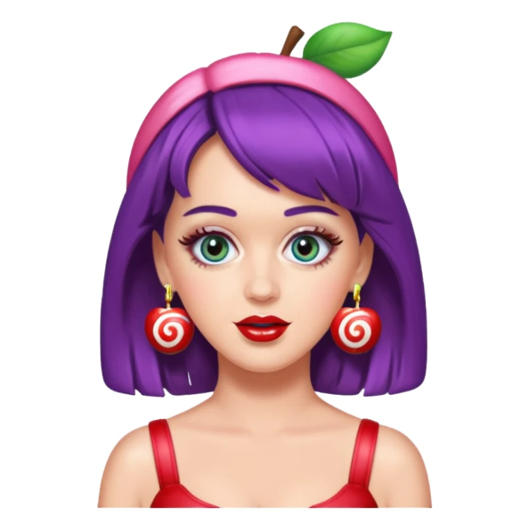 Katy Perry as an apple style emoji, inspired by 'California Gurls', candy-themed accessories, no text sticker