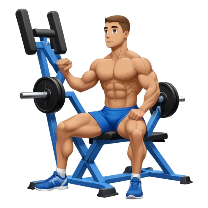 side-view bodybuilder in blue shorts seated weighted calf-raise machine on his tip toes sticker