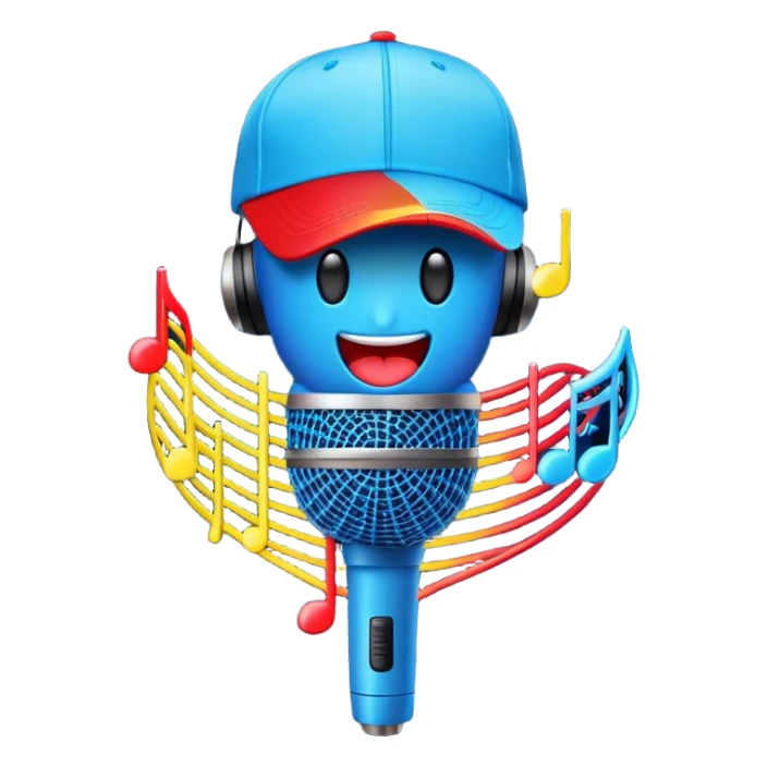 Create a dynamic and energetic emoji that represents beatboxing. The design should feature a microphone with a singing mouth and soundwaves or rhythmic beats emanating from it, symbolizing the vocal percussion and rhythm of beatboxing. Add a cap placed on top of the microphone to reflect street culture and the individuality of the performer. Include musical notes floating around to emphasize the musicality. Use bold, vibrant colors like neon blue, red, and yellow to convey energy and excitement. The background should be transparent sticker