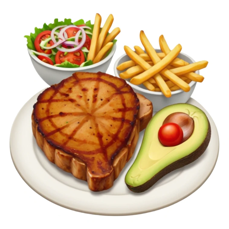 pork chops, fries, tomato onion salad, and avocado  sticker