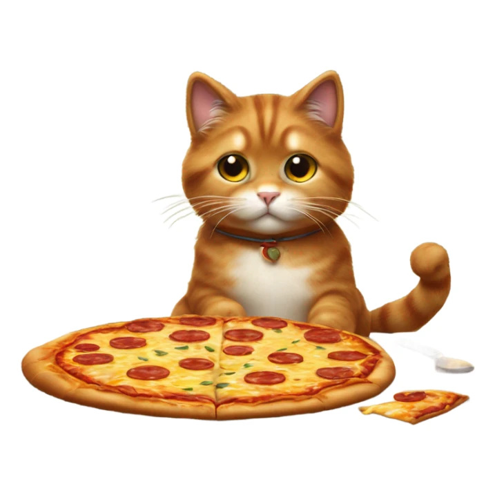 A cute, fluffy cat sitting on a rustic wooden table, playfully nibbling on a slice of pizza topped with melted cheese and pepperoni.  sticker