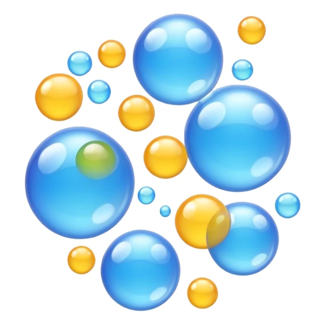 3D iPhone style emoji of free-floating bubbles, scattered randomly in the air, translucent and shiny, various sizes, not contained in any circle, isolated on white background, soft shadows, high detail, NO FACE sticker
