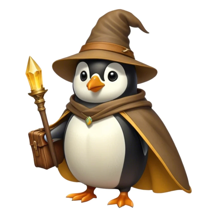 A wizard-explorer penguin inspired by Indiana Jones, wearing a weathered yellow enchanted hat and a flowing cape. It carries a leather satchel with ancient scrolls. Cartoon-style, smooth shading, highly detailed, no background sticker