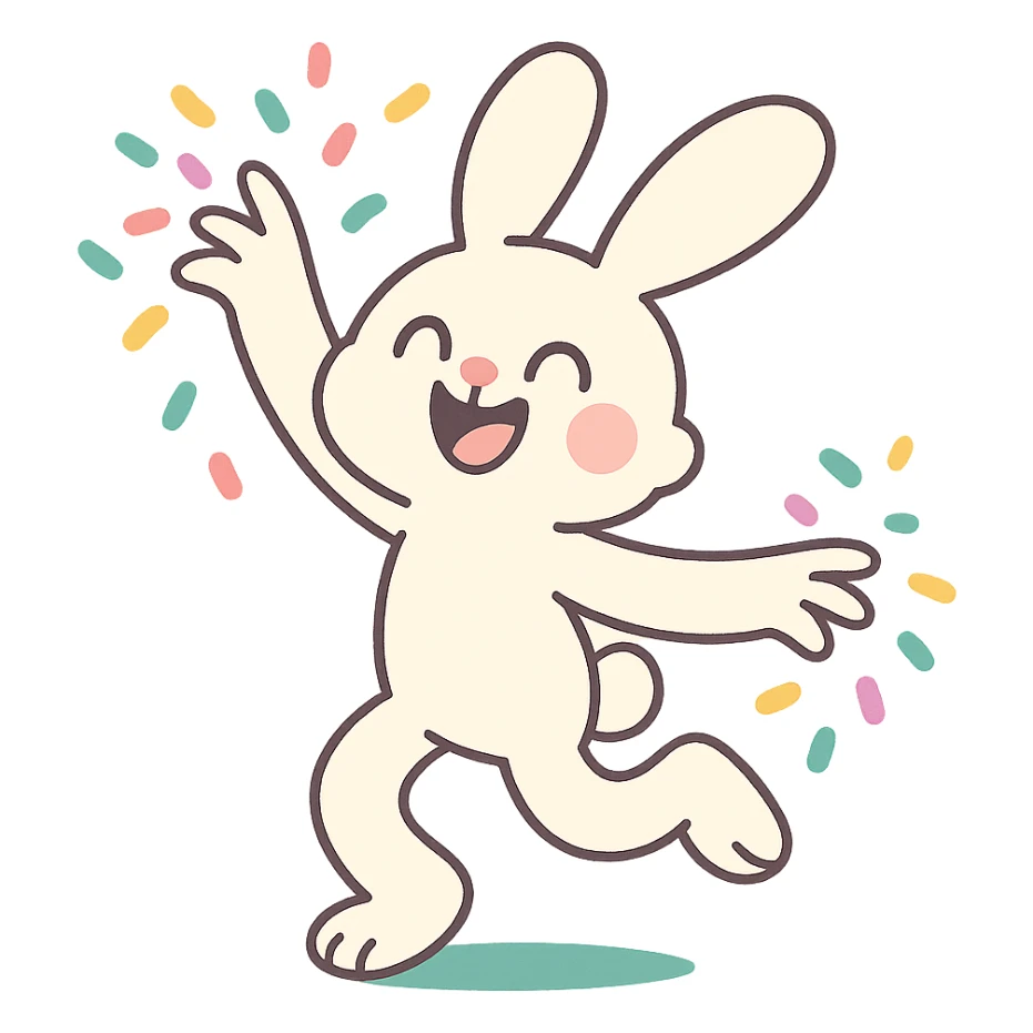 cotton bunny throwing confetti and spinning in pastel-toon style sticker