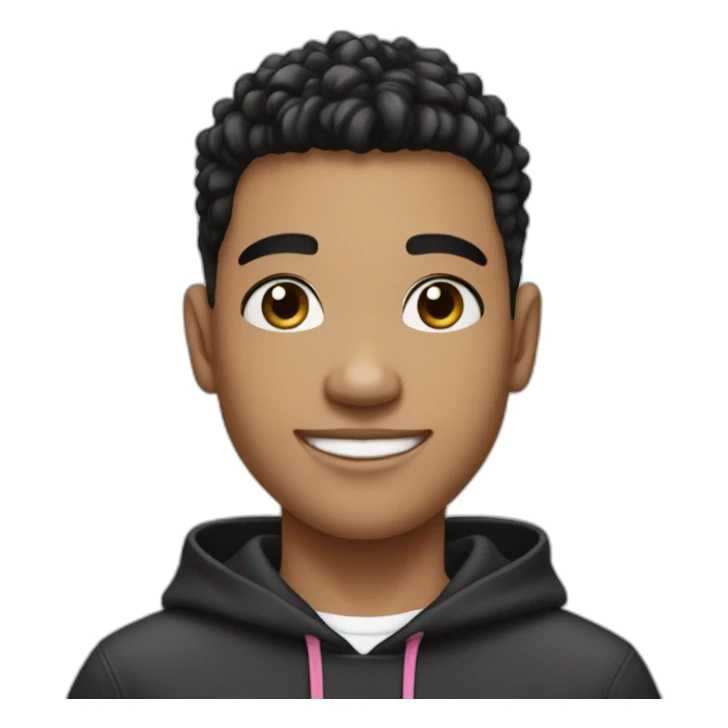 a white boy with taper fades hairstyle, smiling, with black har, black eyebrown, black eyes, in a hoddie with white teeth and pink lips sticker