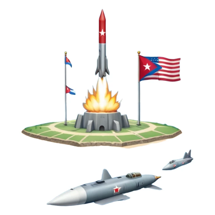 Cuba during the Cold War with Cuban island in the center, US and USSR flags on either side, missiles, tense atmosphere sticker