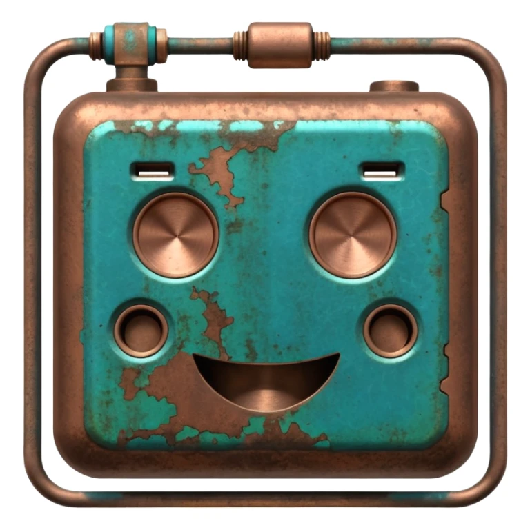 3D render of Battery Terminal, heavily oxidized copper texture, verdigris patina, Metal contact with blue/green powder corrosion, weathered bronze aesthetic, ancient decay, emoji style, isolated on white background --v 6.0. sticker
