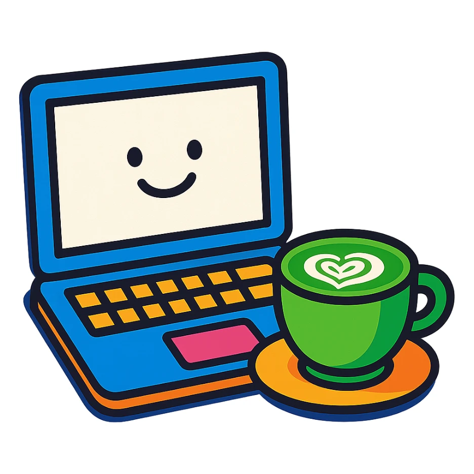 a MacBook and a matcha latte, playful cartoon style sticker
