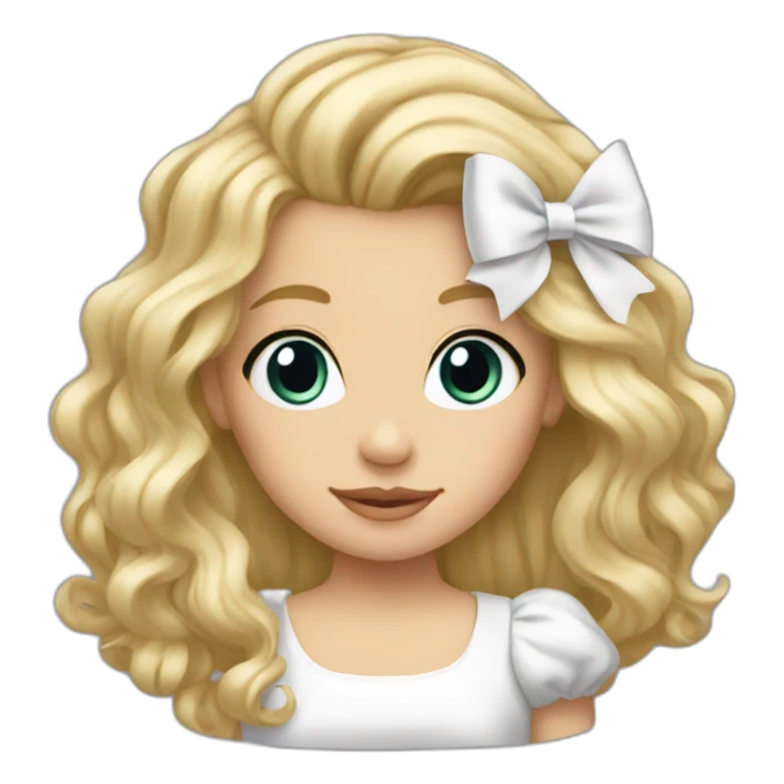 Long blonde wavy hair with a white bow sticker