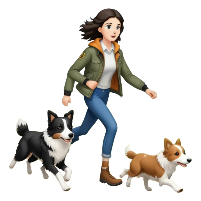 A beautiful tall girl with fair skin wearing a jacket chasing a Border Collie sticker