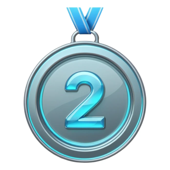 medal number 2 , minimalistic silver transparent glass 3d neon glowing sticker