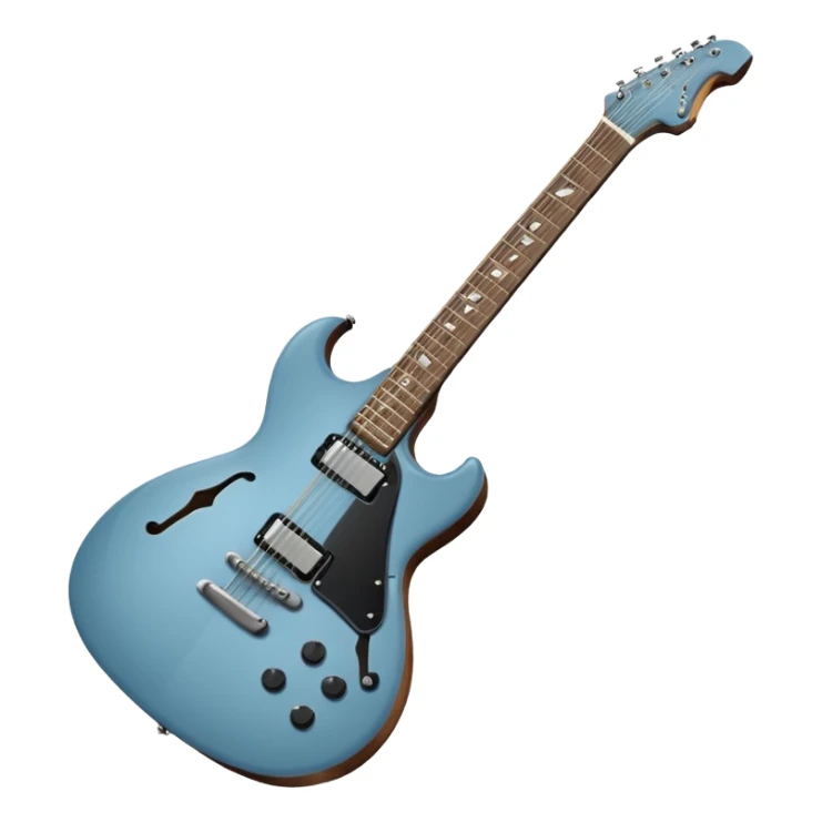 A gray-blue electric guitar with a black pick guard sticker