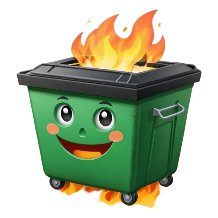 Green smiling dumpster with an open black lid and a fire burning inside it. there is litter and trash on the ground around it sticker