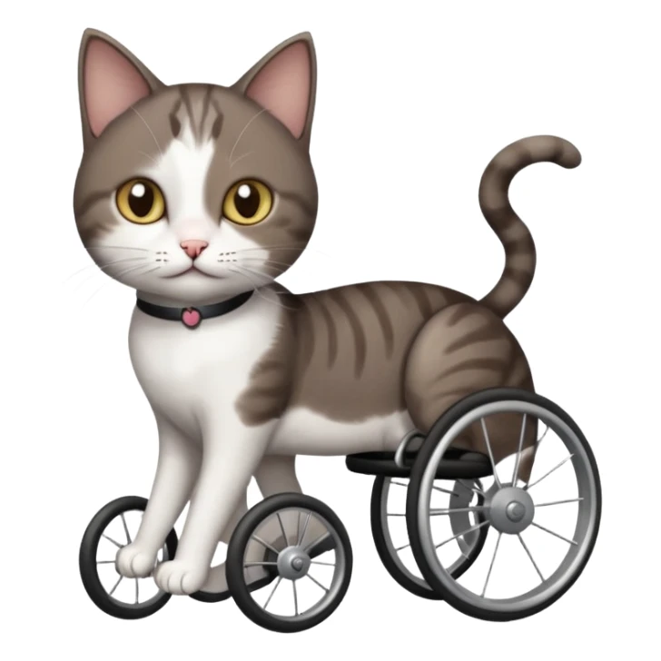 full body small short hair dark brown and white cat with hazel eyes walking in a wheelchair for cats sticker
