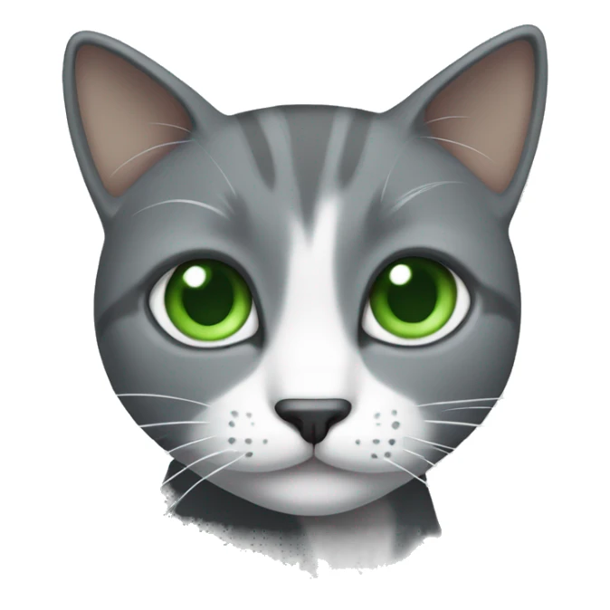 a grey cat with a white spot on its nose and white tips of its legs with green eyes sticker