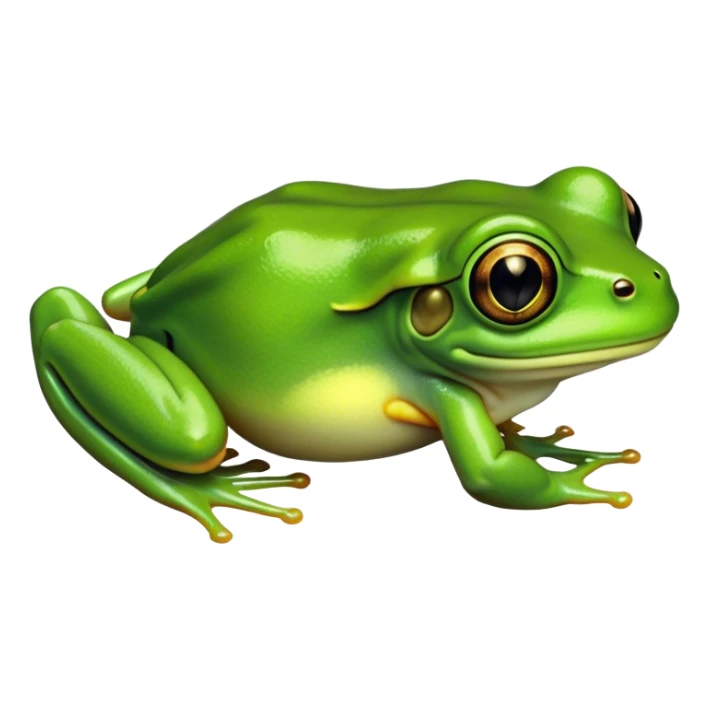 Cinematic Noble Green Tree Frog Portrait Emoji, Poised and alert, with a compact, vibrant body clad in bright, glossy green skin accented by delicate, sticky toe pads and large, bulging, observant eyes, Simplified yet sharp and sophisticated features, highly detailed, glowing with a soft, verdant luminescence, high shine, intelligent and sprightly, stylized with an air of tropical elegance, focused and attentive, soft glowing outline, capturing the essence of a watchful and confident amphibian that appears ready to leap out of the screen with effortless agility! sticker