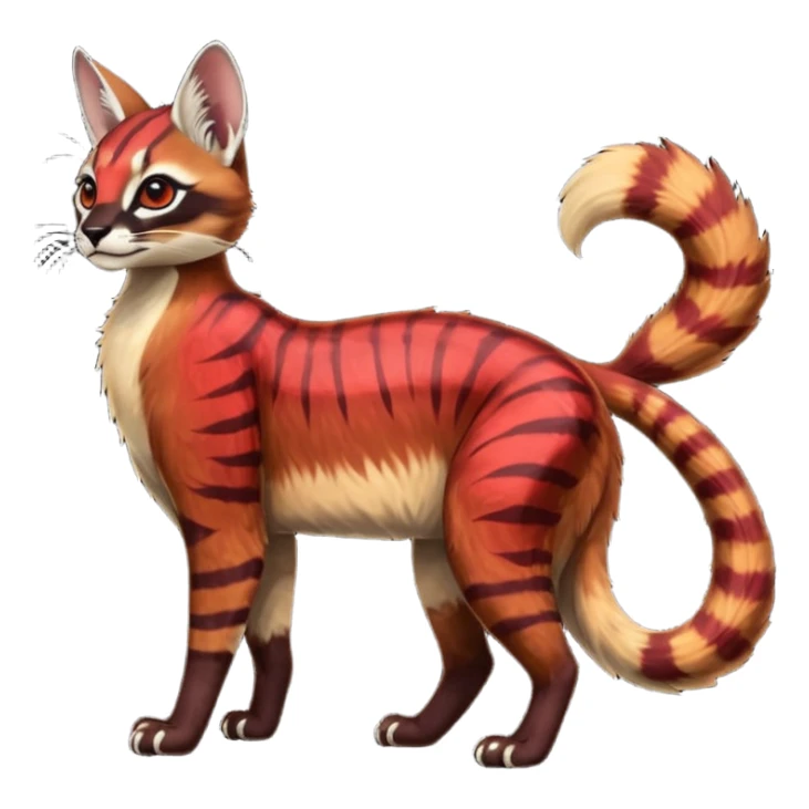 Vibrant-colored red-dark-brownish-furred colorful painted marked patterned Asian glorious divine exotic cute cool beautiful shiny beautiful fantasy-caracal-civet-genet-sergal-vernid-Cacomistle-oncilla-animal-Fakémon-hybrid-fursona (full body) sticker