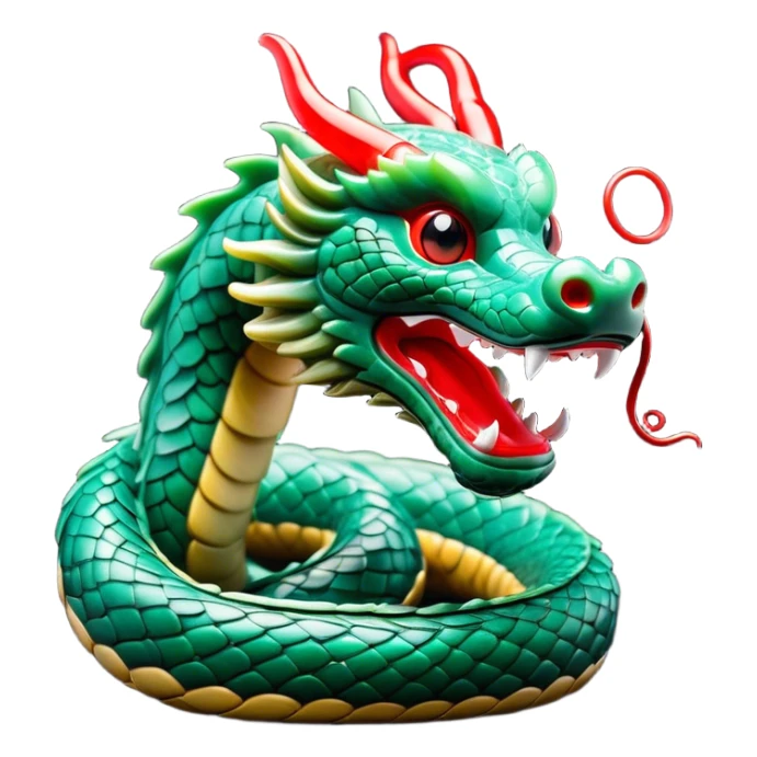 Cinematic Comical Chinese Serpent Dragon Portrait Emoji, Head tilted dramatically with an exaggeratedly amused expression, featuring a sleek, serpentine form adorned in luminous jade and vermilion scales interlaced with playful cloud and water accents; rendered with vibrant, lifelike textures and dynamic natural shadows, high shine, playful yet wise, styled with an air of cheeky ancient mystique, soft glowing outline, capturing the essence of a spirited and humorously enigmatic celestial dragon that looks ready to spiral into legendary lore! sticker