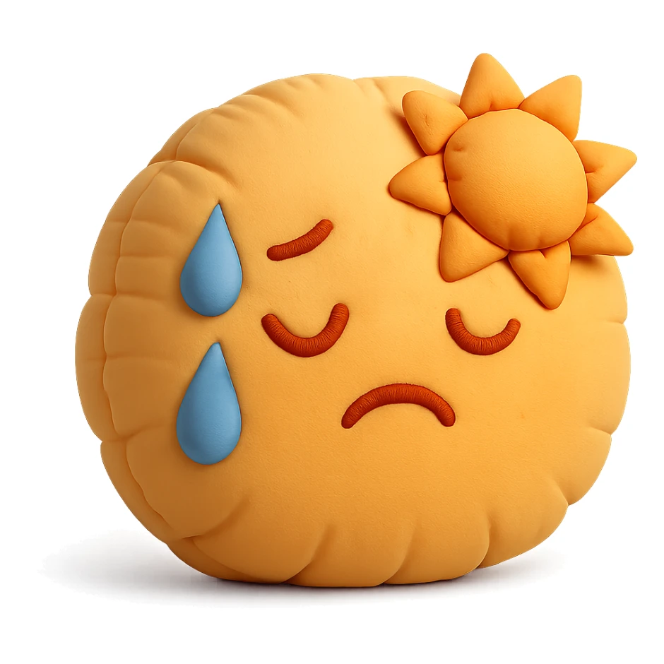plush face with sweat and sun, hot weather, warm colors, soft cushion style sticker