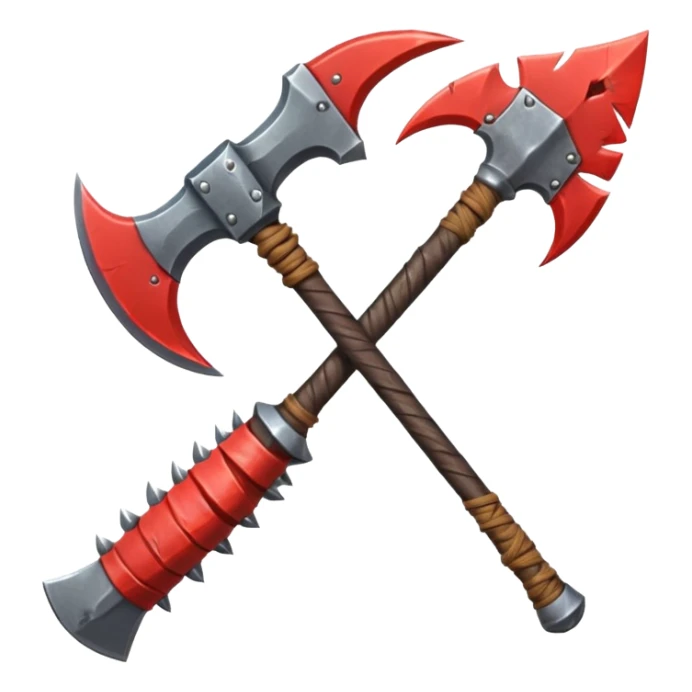 savage barbarian axe object icon, spiked double blade, battle-worn metal, scratches, heavy fantasy weapon, 3D cartoon, mobile game icon style, centered, clean background, no text, no watermark sticker