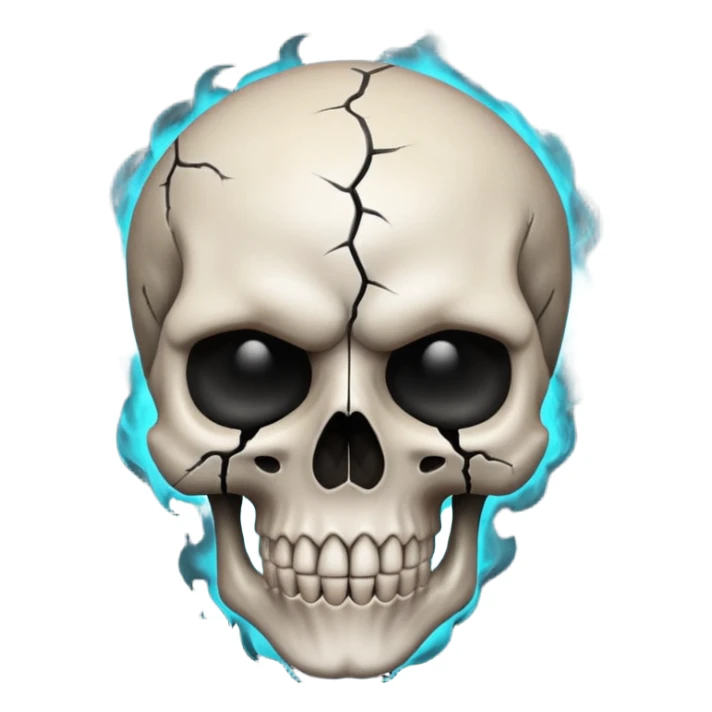 iOS style emoji, dark fantasy skull, cracks, black smoke from eyes, soft light, stylized sticker