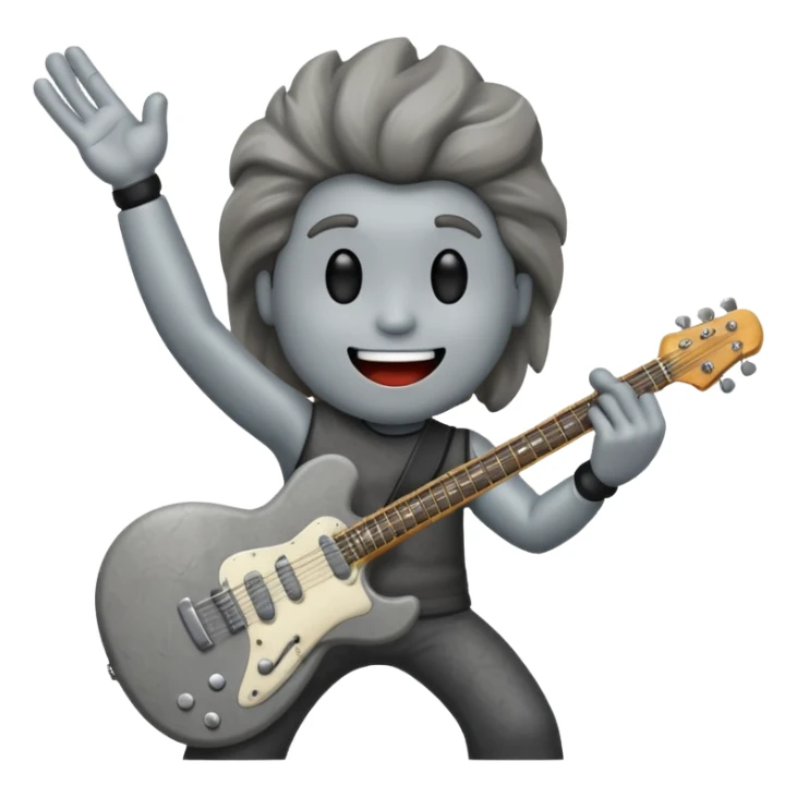 a rock with a happy face that is holding up a rock and roll hand and an electric guitar sticker